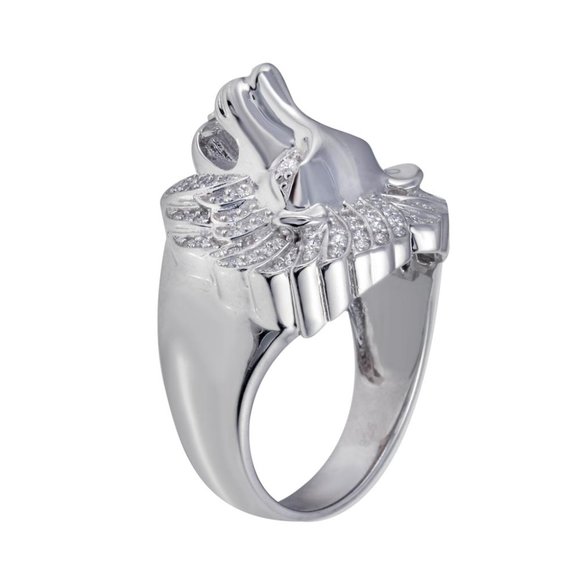 Sterling Silver 925 Rhodium Plated Men's Lion CZ Ring - Picture 3 of 5
